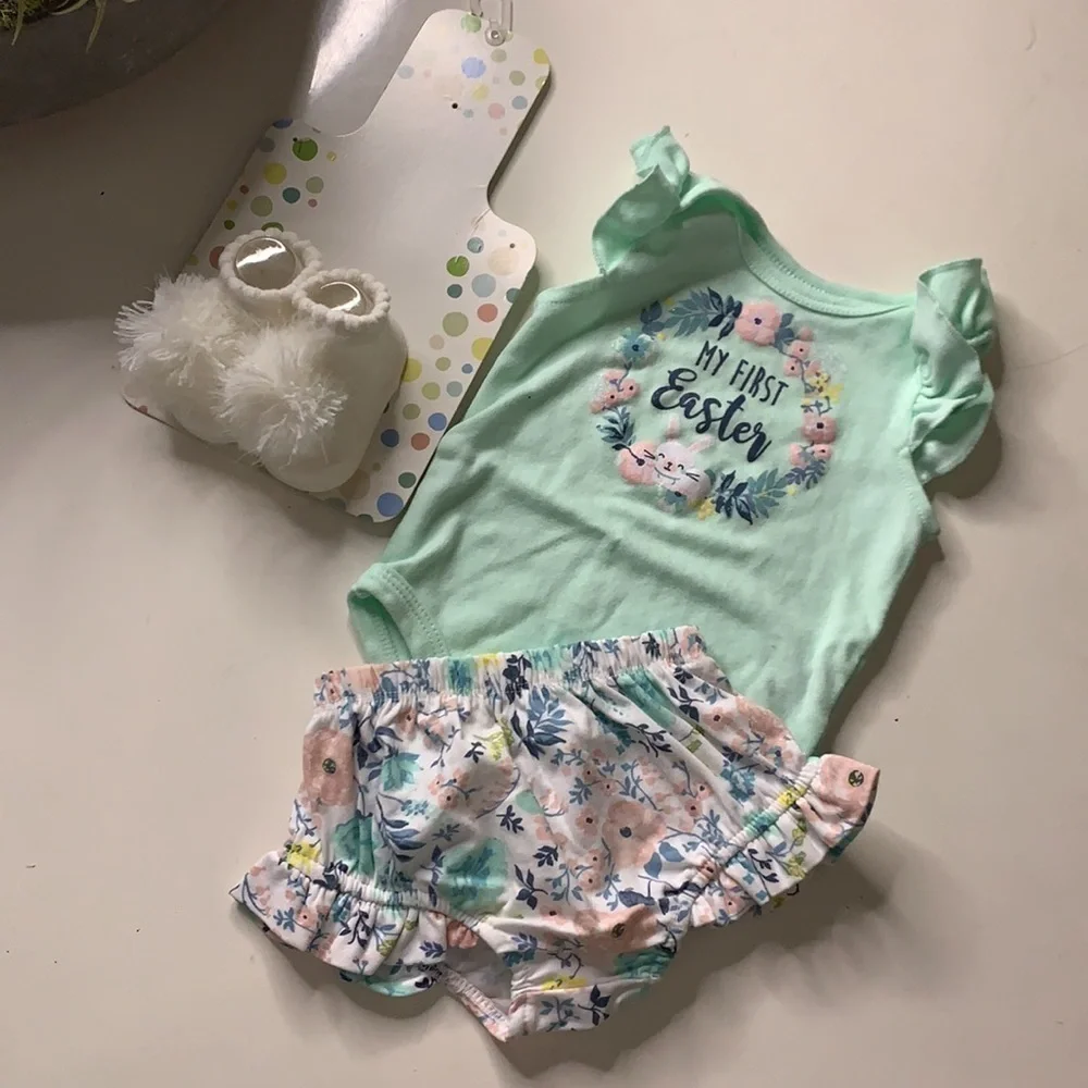 Easter 6 months Infant girl three piece set Ruffle bodysuit shoes slippers
